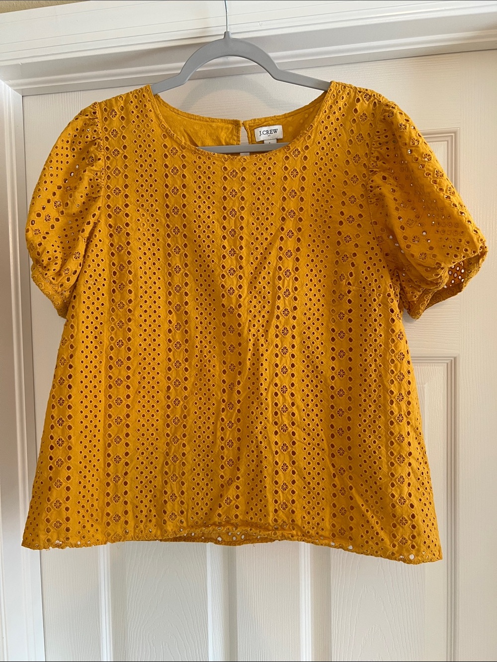 J. Crew Yellow Eyelet Puff-Sleeve Blouse | 100% Cotton Top - Size L